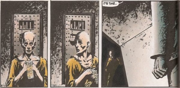 Evy in three panels from the comic, during her interrogation
