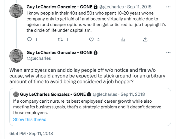 When employers can and do lay people off w/o notice and fire w/o cause, why should anyone be expected to stick around for an arbitrary amount of time to avoid being considered a job hopper?