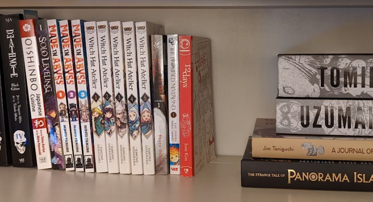 Shelf full of various manga titles.
