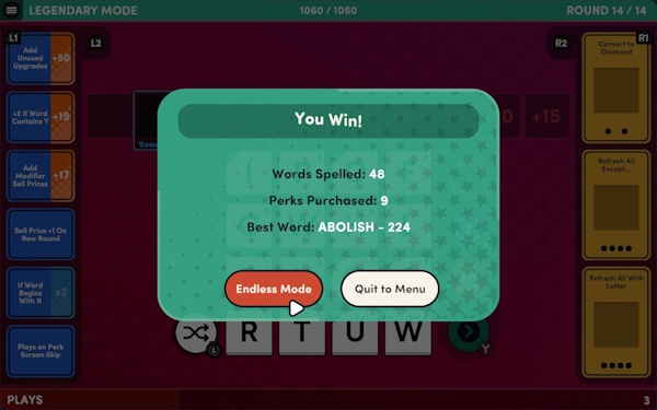 Word Play Legendary victory. Best word: Abolish for 224 points